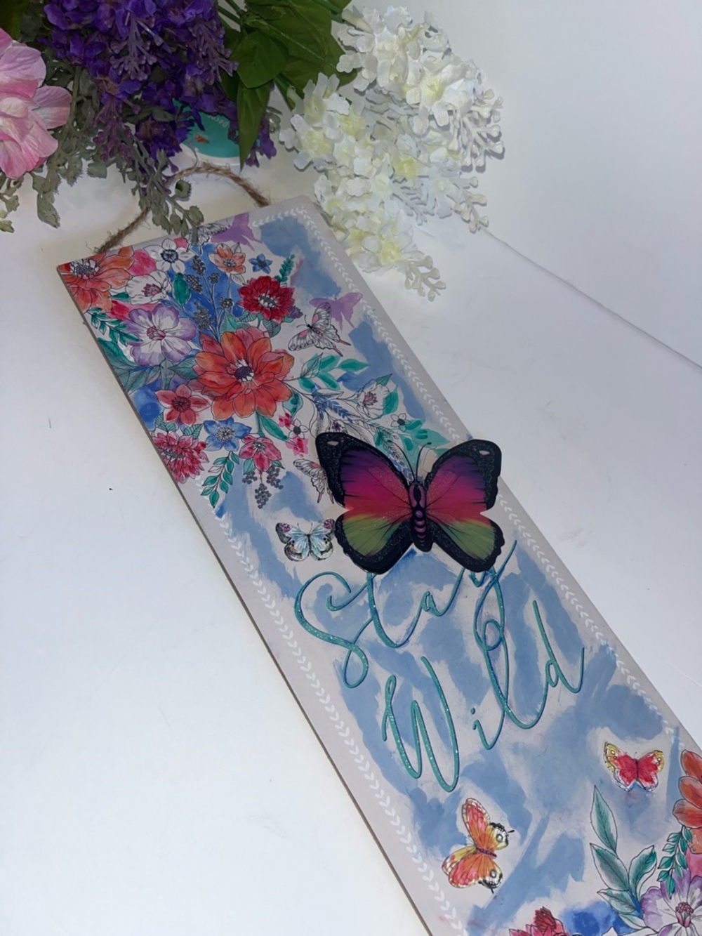 Floral Butterfly hanging Wall sign – Pink & Green Stay Wild Design